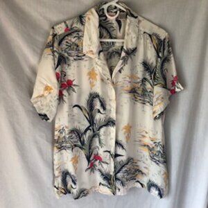 Vintage OP Ocean Pacific Women's White Floral Rayon Aloha Hawaiian Shirt XL